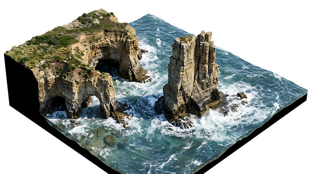 3D isometric view of isolated rocky sea cliffs and ocean waves