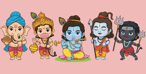Cute cartoon deities Ganesha, Kartikeya, Krishna, Shiva, and Hanuman