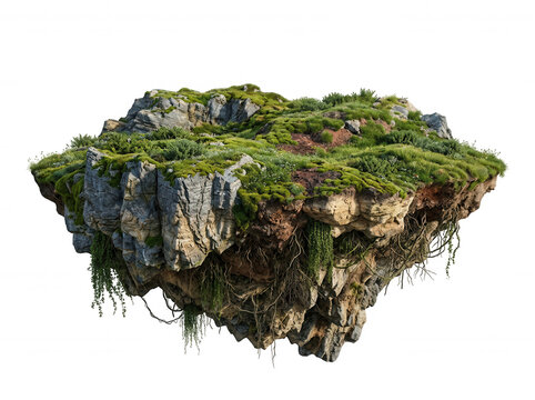 Floating island with lush greenery and rocky cliffs isolated on a transparent background