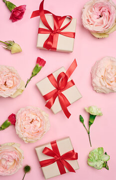 Gift boxes tied with a red ribbon and blooming white and green carnations on a pink background