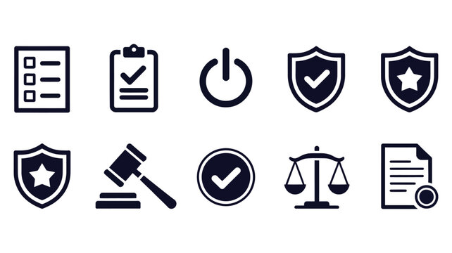 Law and order icon set displaying legal scale emblems, verified check mark shields, and court symbol graphics vector illustration for justice system, policy, and safety apps