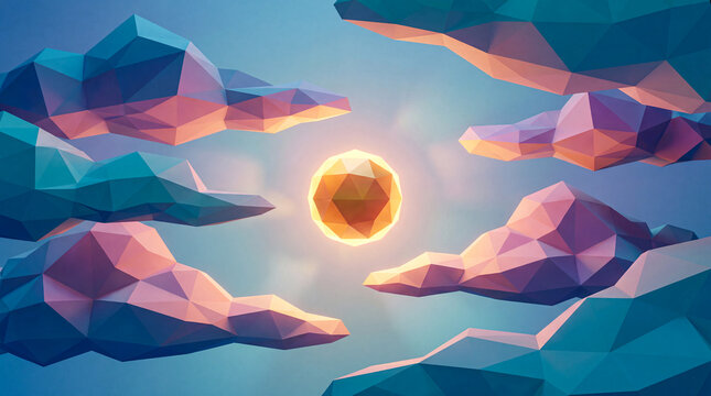 Low poly sun and clouds background. Abstract geometric sky with digital 3D landscape art.