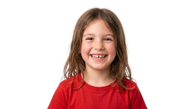 Cheerful young girl with missing front tooth smiling, happy child in red t-shirt on white background, joyful elementary student portrait