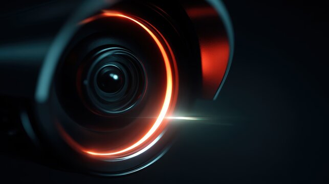 Close-up of security camera lens with orange ring light. Safety concept for tech ads.