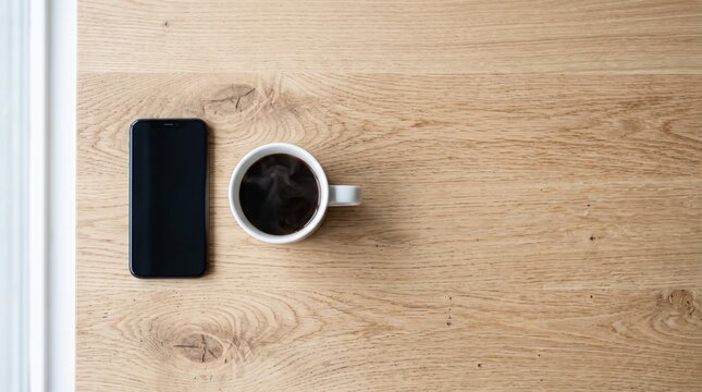Overhead view of a steaming cup of black coffee next to a dark smartphone on a light wooden desk, perfect for Black Friday promotions