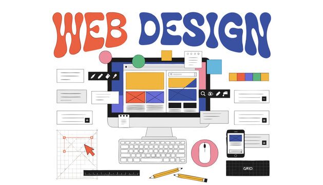 Very beautiful realistic vector illustration of a WEB DESIGN WORKSPACE featuring a bold creative label reading "WEB DESIGN", desktop monitor displaying responsive website layouts, UI wireframes, float