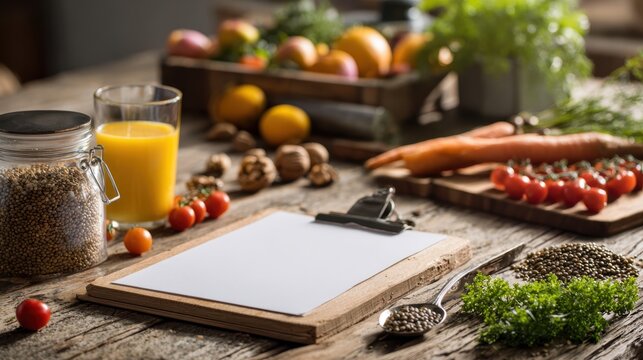 Assorted healthy foods and juice on a rustic table. Nutrition concept for diet plans.