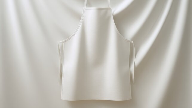A blank white apron hangs against a draped fabric background. Ideal for textile mockups and.