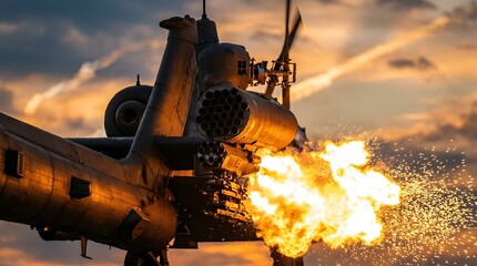 Obraz premium Military Attack Helicopter Firing Rocket Launcher With Muzzle Flash Flame During Sunset Mission
