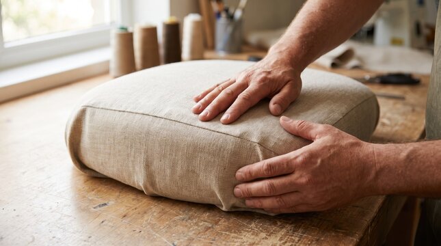 Upholsterer hands stretching and smoothing natural beige linen fabric over a square seat cushion on a wooden workbench