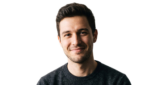 Smiling young man portrait on white background, friendly male entrepreneur in casual dark sweater, confident professional headshot for corporate profile