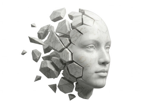 Abstract geometric face sculpture in grayscale isolated on a transparent background
