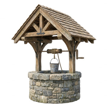 Rustic countryside water well with bucket and roof isolated on a transparent background