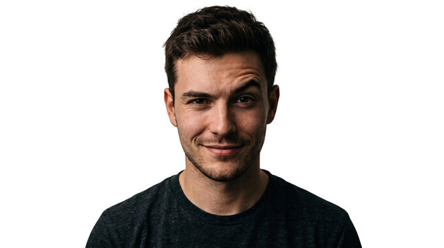 Confident young man with smirk expression, handsome male portrait on white background, casual guy smiling with raised eyebrow for social media