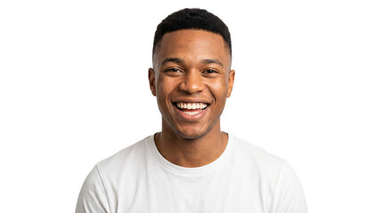 Fototapeta premium Smiling young black man in white t-shirt, happy African American male portrait, cheerful guy looking at camera on isolated white background
