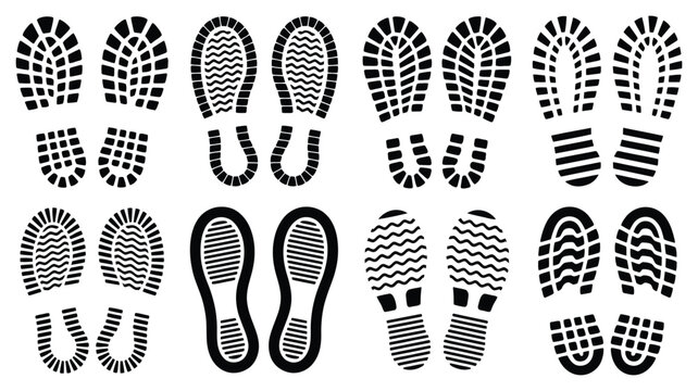 Boot shoe print footprint silhouette collection displaying detailed boot sole patterns, athletic sneaker treads, and work boot tracks vector illustration for crime scene and active art