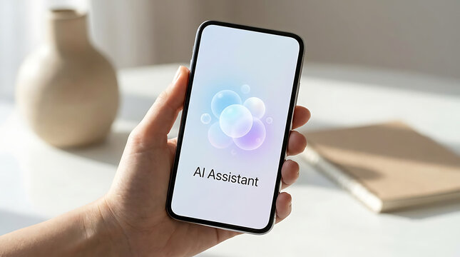Hand holding smartphone displaying AI assistant chatbot interface. Futuristic digital virtual helper on mobile screen for instant support and autom...