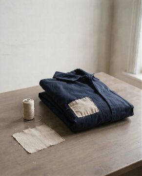 Repaired jacket with visible patch thread and fabric square for sustainable clothing care in vertical documentary view