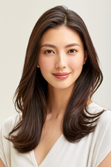 Fototapeta premium portrait of an elegant japanese woman around 30 years old, refined department store fashion model, graceful female fashion portrait, sophisticated japanese beauty with natural smile