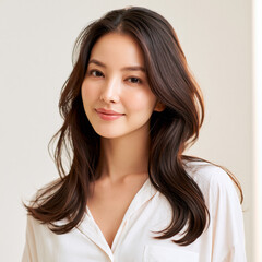 Fototapeta premium portrait of an elegant japanese woman around 30 years old, refined department store fashion model, graceful female fashion portrait, sophisticated japanese beauty with natural smile