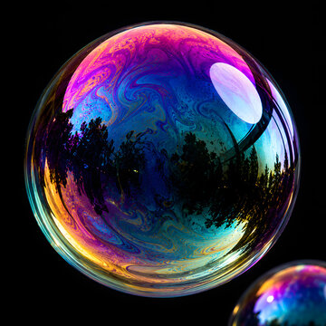 Iridescent Soap Bubble Macro on Dark Background, Colorful Abstract 3D Render, Luxury Technology Wallpaper, Magenta Turquoise Violet Gold