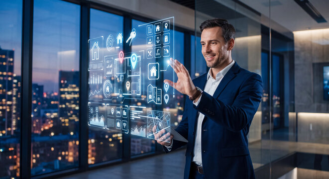 Businessman or real estate agent interacting with futuristic holographic screen of property icons. Modern tech innovation in real estate market and smart housing management