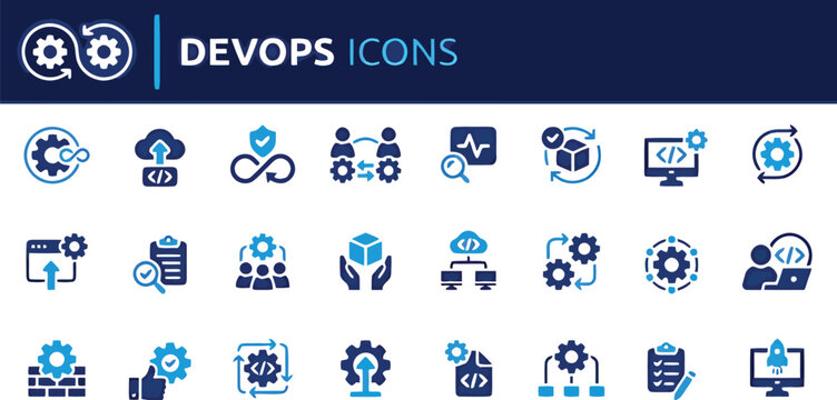 DevOps icon set for software development deployment cloud automation and coding