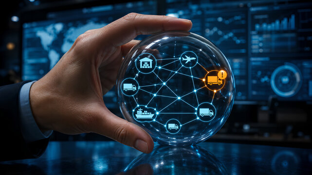 Supply chain management concept with a hand holding a digital globe showing logistics network nodes and an alert icon