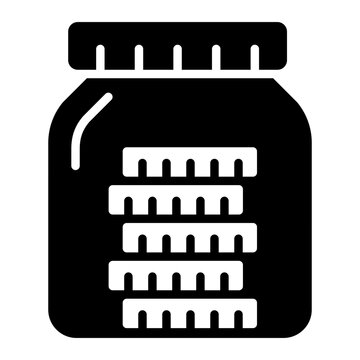 tip glyph icon. glass jar filled with stacked coin. used to represent gratuity and tip collection. finance and savings