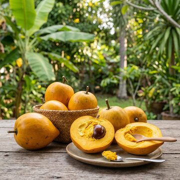 Fresh canistel fruit on wooden table, ripe yellow eggfruit in wicker basket, tropical lucuma fruit with creamy pulp and seeds in garden setting