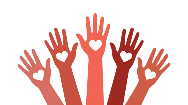 Diverse colorful raised human hands featuring heart symbols in this vibrant flat digital vector graphic design