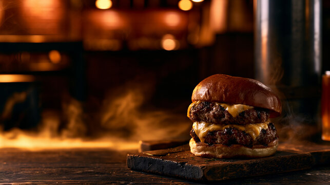 gourmet double cheeseburger on toasted brioche bun, juicy double beef cheeseburger with melted american cheese, premium grilled cheeseburger on rustic wooden board