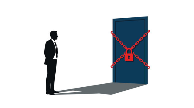 Professional businessman stands before a locked blue door secured by bright red chains and padlock