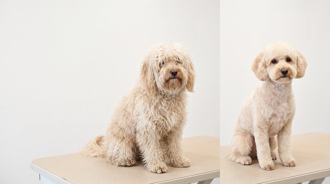 Dog grooming before and after transformation of a cream poodle mix on white background