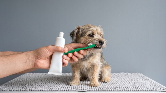 Person brushing small dog's teeth with green toothbrush and toothpaste for dental hygiene