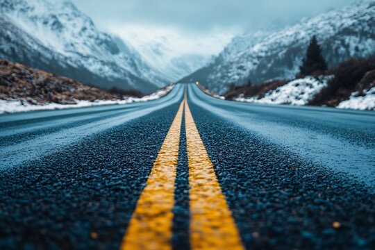 Low angle perspective of a wet asphalt highway leading toward snowy mountain peaks under a cloudy sky