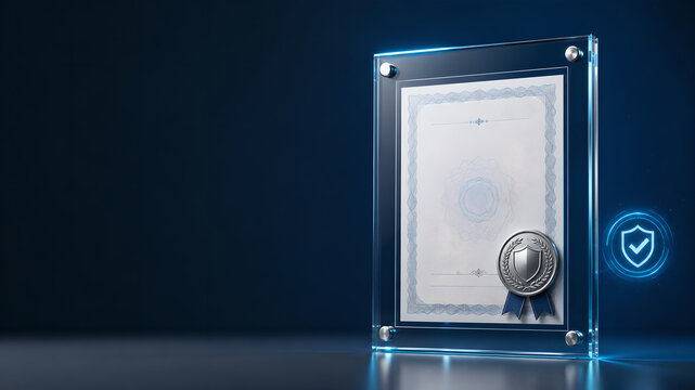 Blank certificate in a glass frame with a seal on a dark blue background