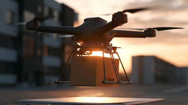 Delivery Drone Carrying Package at Sunset