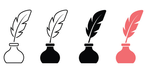 Set of minimalist feather quill and inkwell icons with multiple variations on transparent background, depicting retro writing instruments and classic stationery symbols. © Melissa J. Abrams
