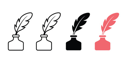 Set of minimalist feather quill and inkwell icons with multiple variations on transparent background, depicting retro writing instruments and classic stationery symbols. © Melissa J. Abrams
