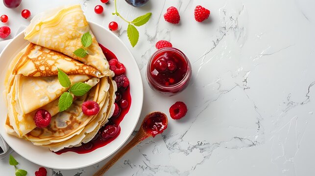 Slovenia, Smorn, fluffy scrambled sweet pancake with golden pieces, served with berry compote in a white porcelain bowl