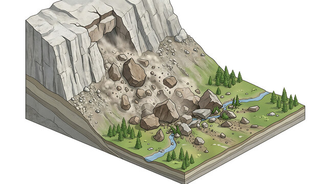 Isometric vector illustration of a massive rockfall and landslide isolated