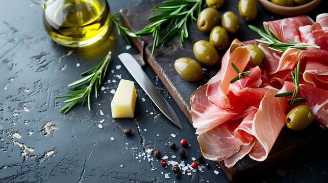 Slovenia, Kraski Prsut, thin slices of karst prosciutto served on a darkened wooden board