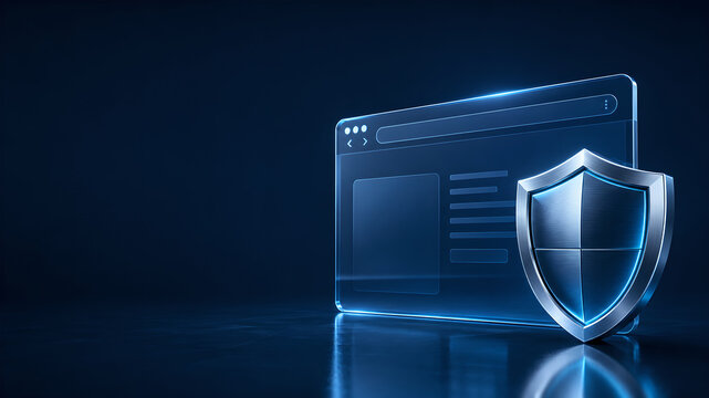 Cyber security concept with a digital shield protecting a web browser window