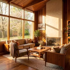 Fototapeta premium Mid century modern interior living room design