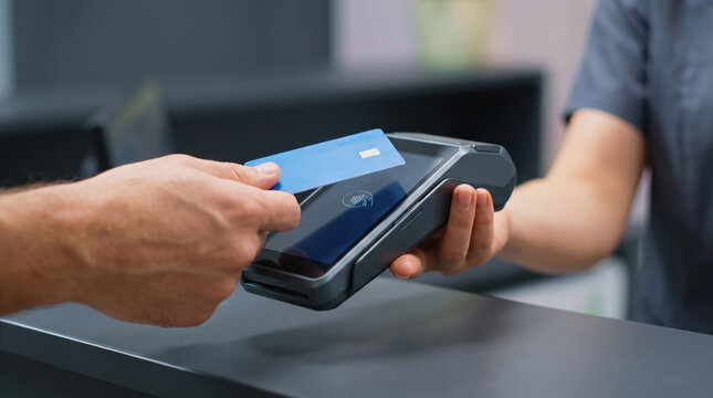 A customer at a store is using a card to make a payment at the checkout. The cashier holds a payment terminal. It is a typical shopping day