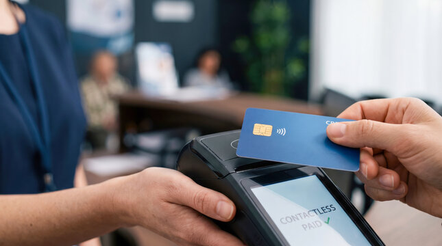 A person uses a card to make a contactless payment at a terminal inside a business location. Colleagues are seen in the background during regular office hours