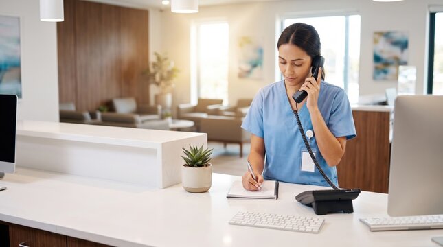 A nurse is standing at a front desk making notes while speaking on the phone in a medical office. The setting is bright and includes plants and multiple workstations