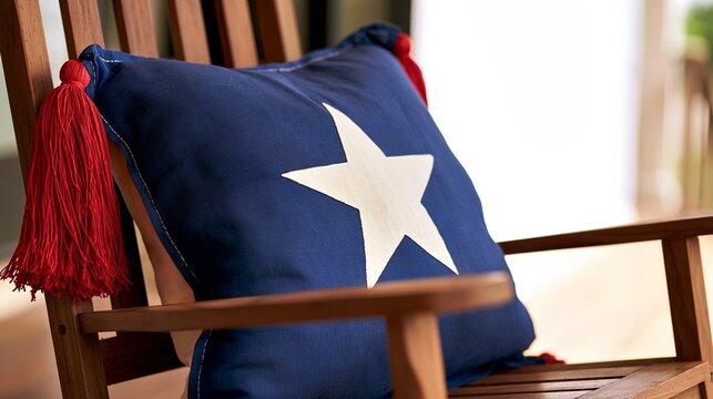 Blue Decorative Pillow with White Star and Red Tassels Resting on Wooden Chair, Patriotic Americana Home Decor and Texas Lone Star Concept