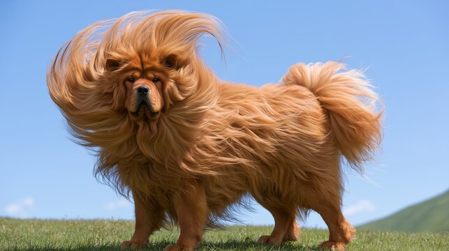 Fluffy Chow Chow Dog Standing on Grassy Hill with Long Golden Fur Blowing in Wind Against Clear Blue Sky, Concept of Pet Grooming, Shampoo Advertising, and Coat Care